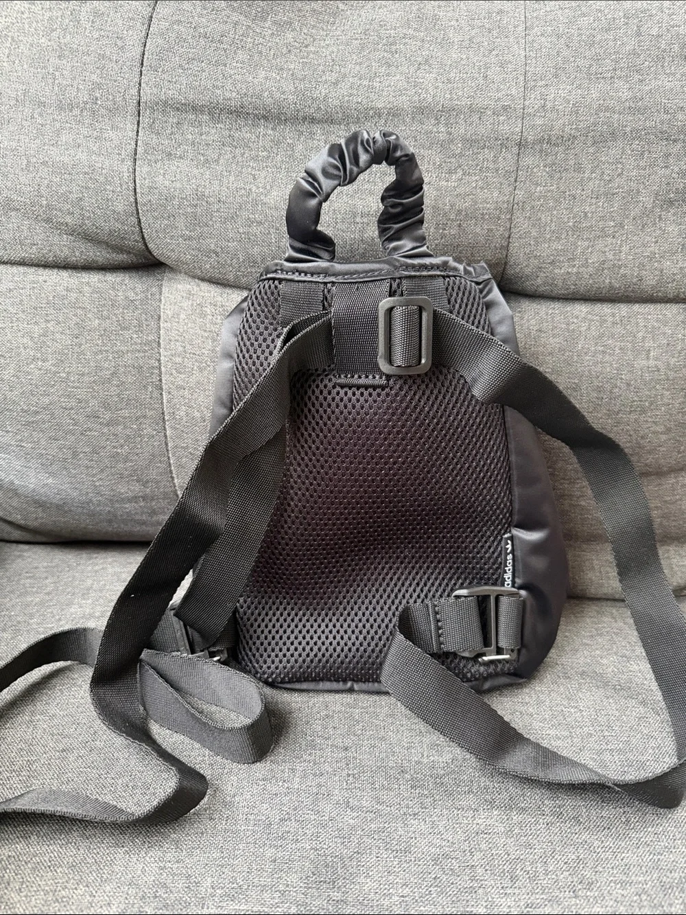 adidas Originals Black Satin Drawstring mini Backpack Trefoil Charm